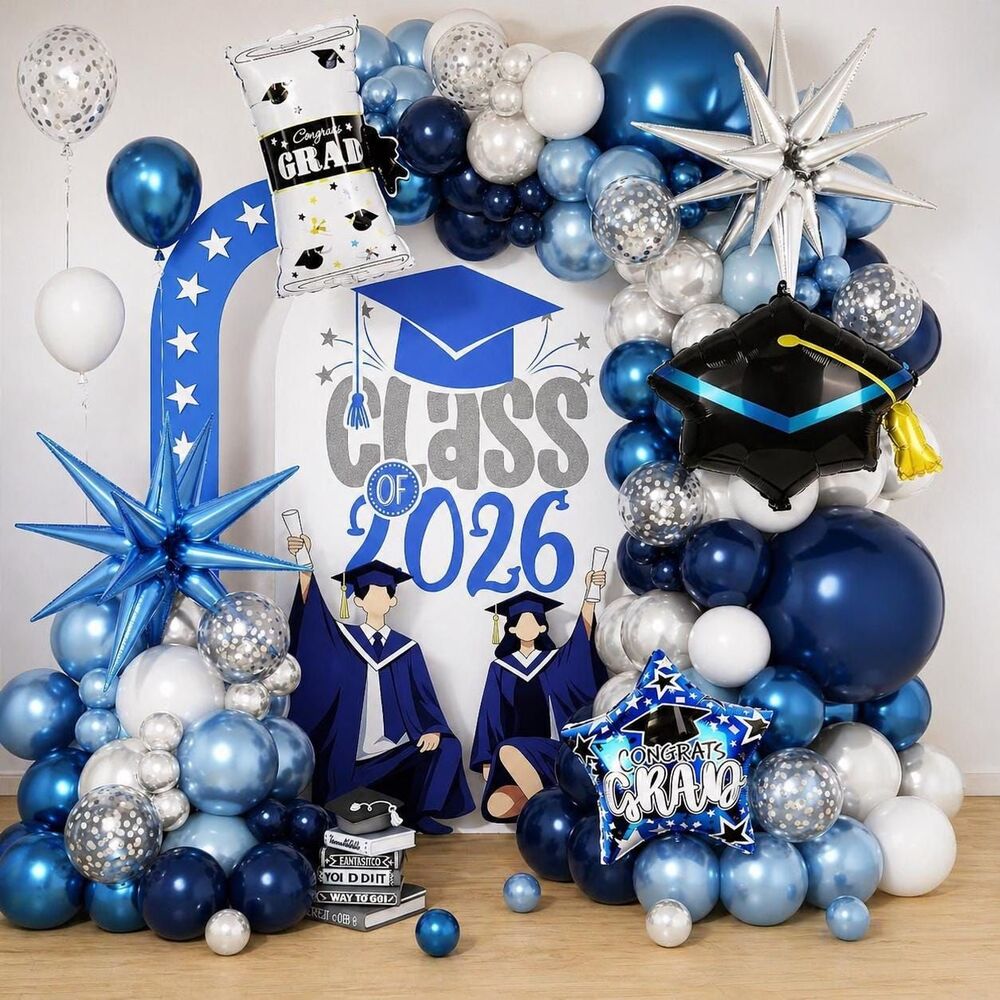 Class of 2026 Balloon Arch Kit Blue and White, Graduation Balloon Garland with C